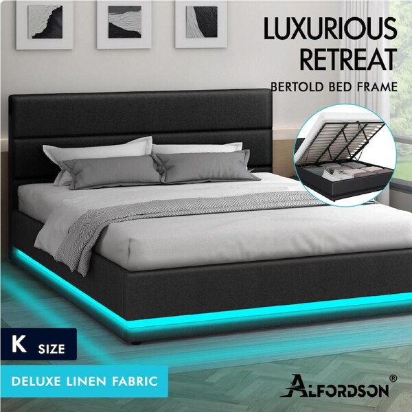 ALFORDSON Bed Frame Queen Double King Single RGB LED Gas Lift Storage Base King