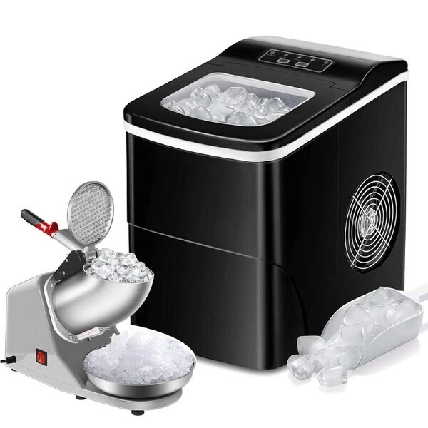 12kg/24h Ice Maker Black + 65kg/hr Ice Crusher Combo - Perfect for Cocktails, Smoothies and Summer Fun Black+Silver (1 Blade)