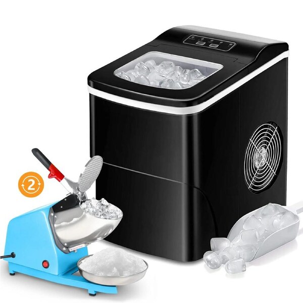 12kg/24h Ice Maker Black + 65kg/hr Ice Crusher Combo - Perfect for Cocktails, Smoothies and Summer Fun Black+Blue (2 Blade)