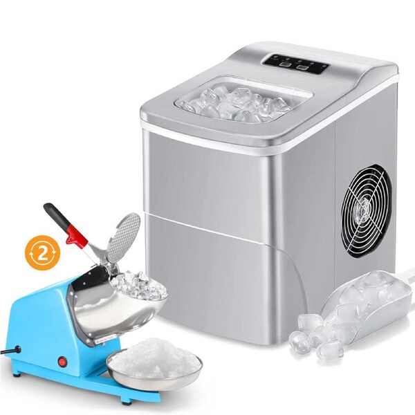 12kg/24h Ice Maker Silver + 65kg/hr Ice Crusher Combo - Perfect for Cocktails, Smoothies and Summer Fun Silver+Blue (2 Blade)