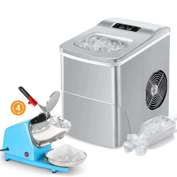 12kg/24h Ice Maker Black + 65kg/hr Ice Crusher Combo - Perfect for Cocktails, Smoothies and Summer Fun Silver+Blue (4 Blade)