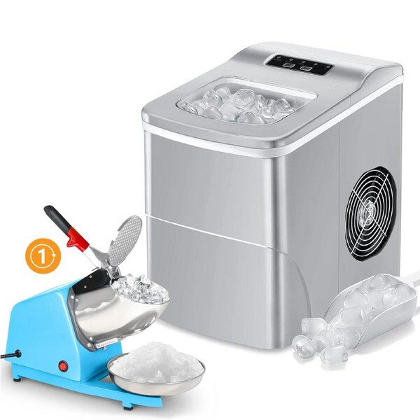 12kg/24h Ice Maker Black + 65kg/hr Ice Crusher Combo - Perfect for Cocktails, Smoothies and Summer Fun Silver+Blue (1 Blade)
