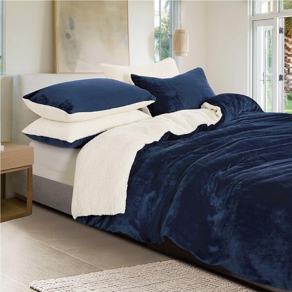 Gioia Casa 2-in-1 Teddy Sherpa Quilt Cover Set & Blanket Navy Blue Queen