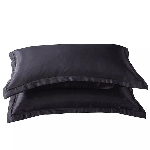 2Pcs Silk Satin Pillow Case Cover Solid Standard Bedding Smooth Soft Pillowcase Black