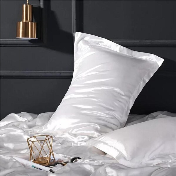 2Pcs Silk Satin Pillow Case Cover Solid Standard Bedding Smooth Soft Pillowcase White
