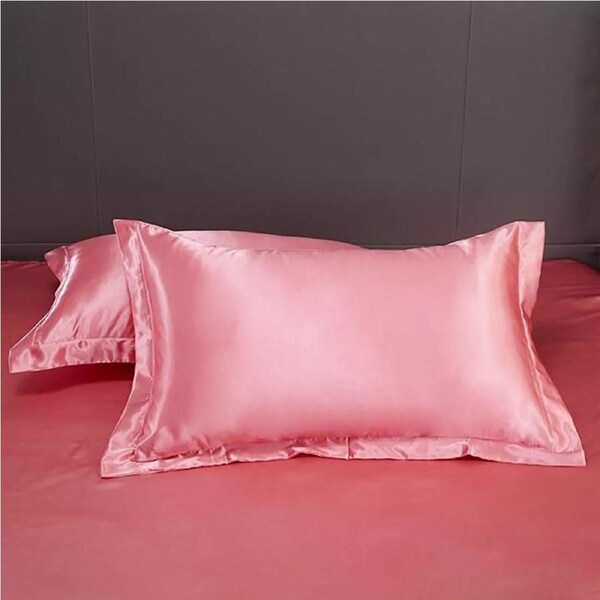 2Pcs Silk Satin Pillow Case Cover Solid Standard Bedding Smooth Soft Pillowcase Pink