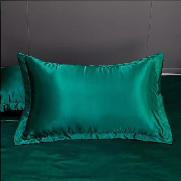 2Pcs Silk Satin Pillow Case Cover Solid Standard Bedding Smooth Soft Pillowcase Teal Blue