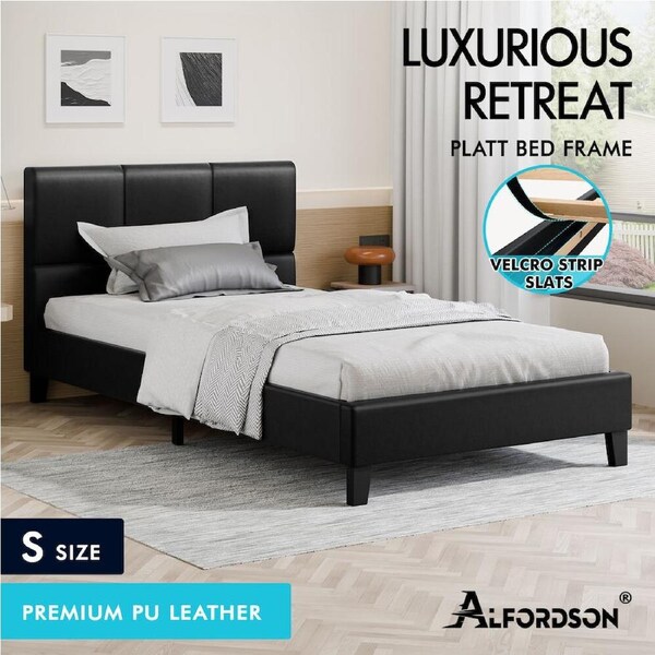 ALFORDSON Bed Frame Queen Double King Single Base Wooden Slats Leather Black Single