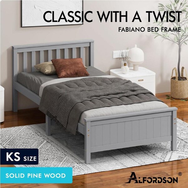 ALFORDSON Bed Frame Wooden Queen Double King Single Size Slatted Headboard Grey King Single