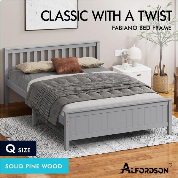 ALFORDSON Bed Frame Wooden Queen Double King Single Size Slatted Headboard Grey Queen