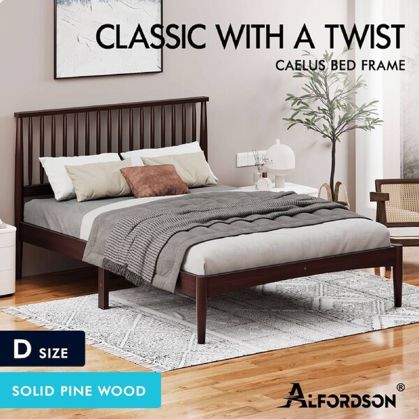 ALFORDSON Bed Frame Wooden Queen Double King Size Timber Base Walnut Oak Double - Walnut
