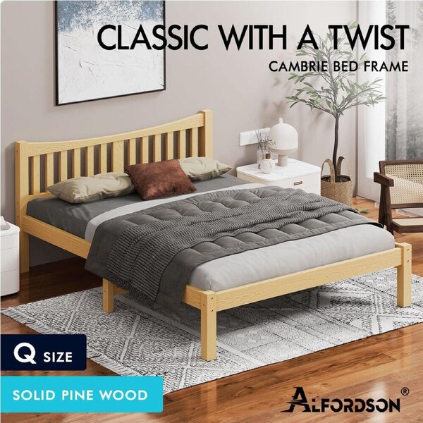 ALFORDSON Bed Frame Wooden Queen Double King Single Solid Pine Timber White Oak Queen - Oak