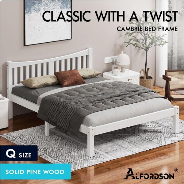 ALFORDSON Bed Frame Wooden Queen Double King Single Solid Pine Timber White Oak Queen - White