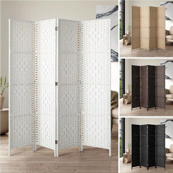 Oikiture 4 Panel Room Divider Screen Privacy Woven Wood Folding Stand White