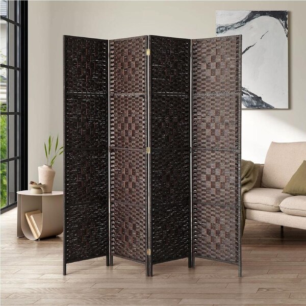 Oikiture 4 Panel Room Divider Screen Privacy Woven Wood Folding Stand Brown