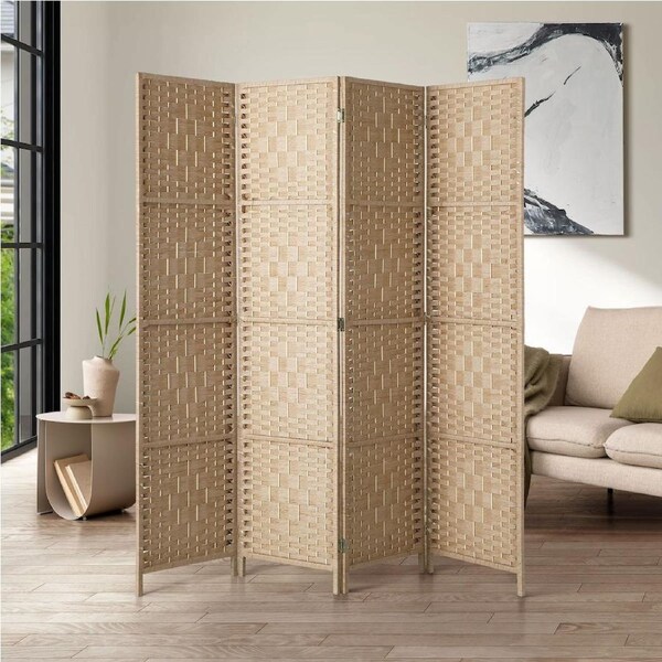 Oikiture 4 Panel Room Divider Screen Privacy Woven Wood Folding Stand Natural