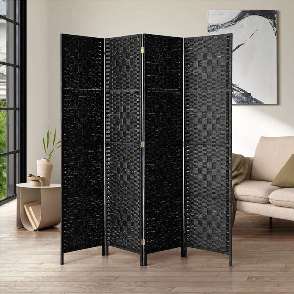 Oikiture 4 Panel Room Divider Screen Privacy Woven Wood Folding Stand Black
