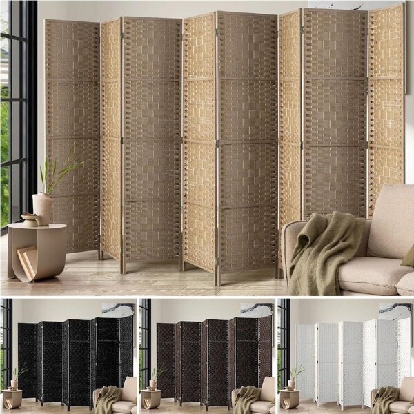 Oikiture 8 Panel Room Divider Screen Privacy Woven Wood Folding Stand Natural
