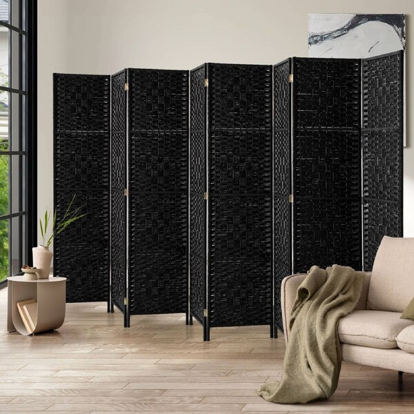 Oikiture 8 Panel Room Divider Screen Privacy Woven Wood Folding Stand Black