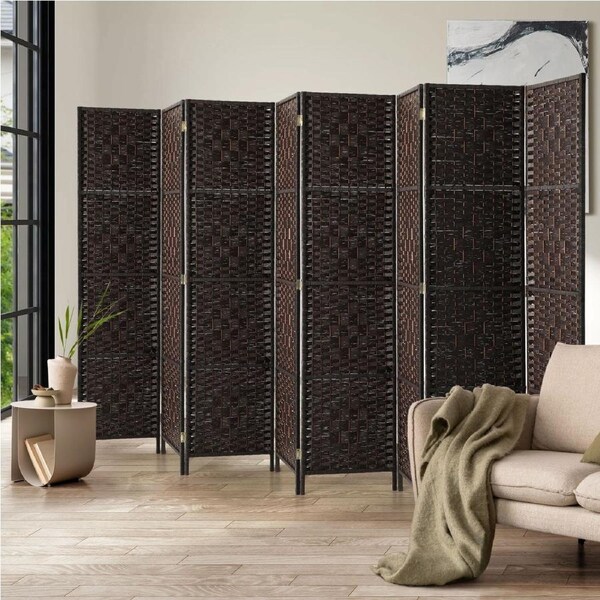 Oikiture 8 Panel Room Divider Screen Privacy Woven Wood Folding Stand Brown