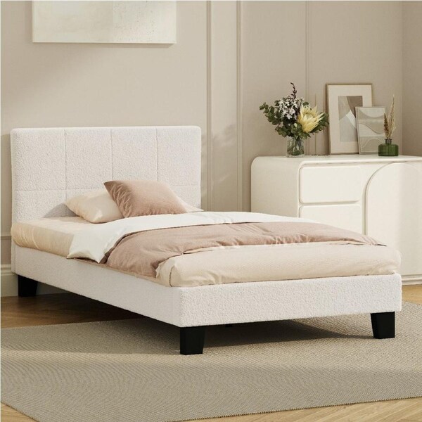 Oikiture Bed Frame Queen Double King Single Beds Base White Boucle TOFU King Single