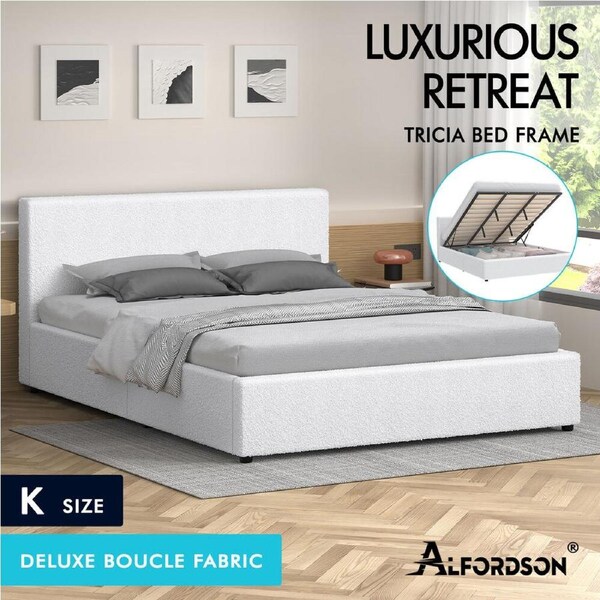 ALFORDSON Bed Frame Queen Double King Single Gas Lift Storage Base White Boucle King