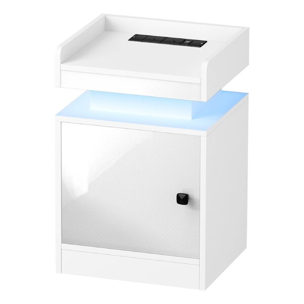 Oikiture Bedside Table LED Nightstand USB Charging Station Side Table White
