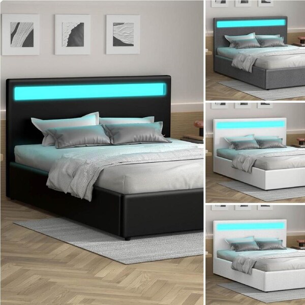ALFORDSON Bed Frame Double Queen King RGB LED Gas Lift Storage Base King - Boucle White