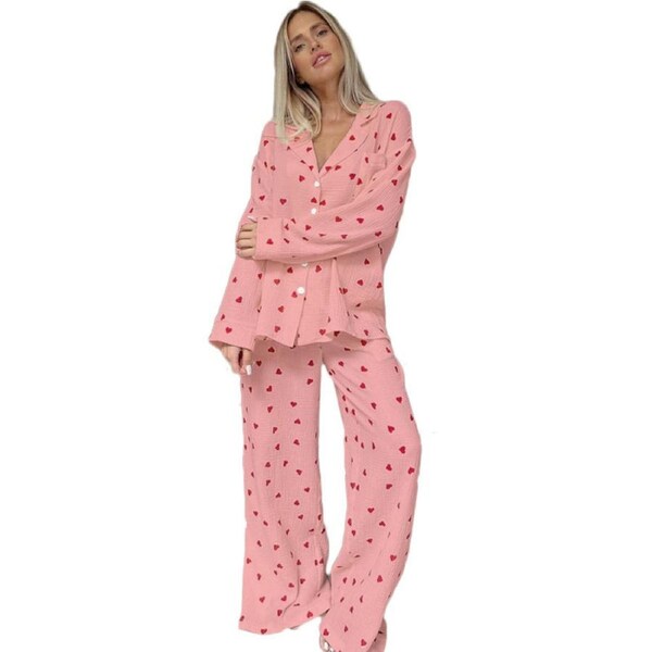 Nevenka Womens Pajama Set Cotton Button Down Shirt with Wide Leg Pants-Pink L