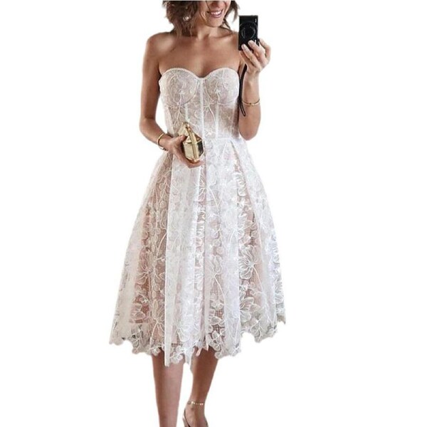 Nevenka Womens Floral Corset Dress Lace Strapless Cocktail Party Swing Dress-White S