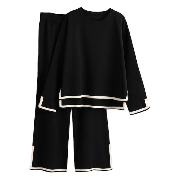 Nevenka 2 Piece Outfits for Women Long Sleeve Knit Pullover and Wide Leg Pants-Black S