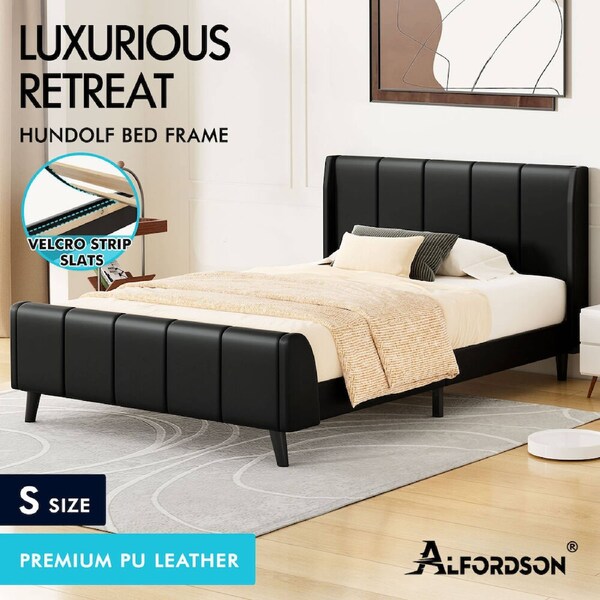 ALFORDSON Bed Frame Queen Double King Single Size Wingback Leather Fabric Velvet Single - Leather Black