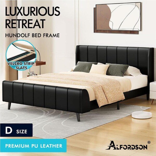 ALFORDSON Bed Frame Queen Double King Single Size Wingback Leather Fabric Velvet Double - Leather Black