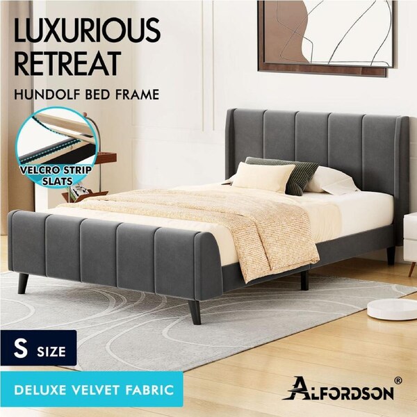 ALFORDSON Bed Frame Queen Double King Single Size Wingback Leather Fabric Velvet Single - Velvet Grey
