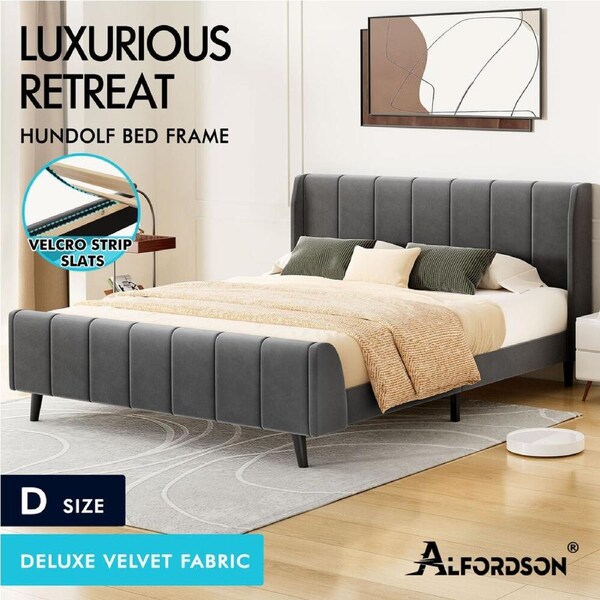 ALFORDSON Bed Frame Queen Double King Single Size Wingback Leather Fabric Velvet Double - Velvet Grey
