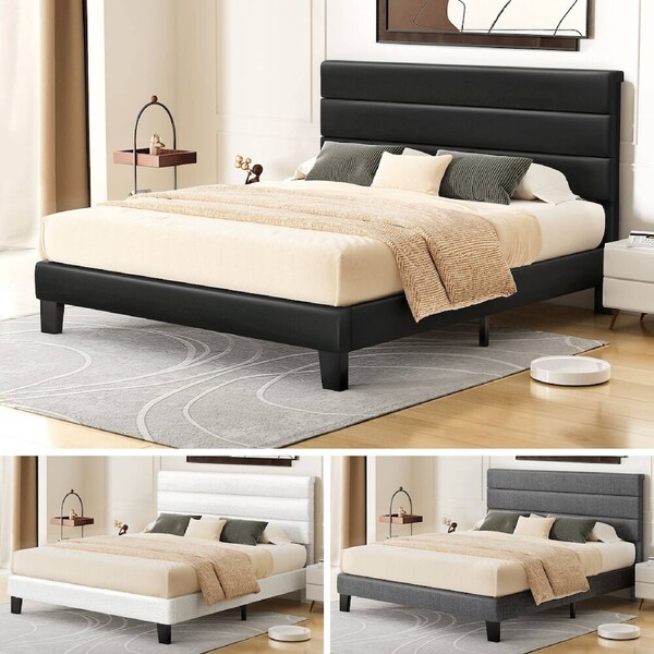 ALFORDSON Bed Frame Queen Double King Single Upholstered Base Leather Fabric Queen - Leather Black