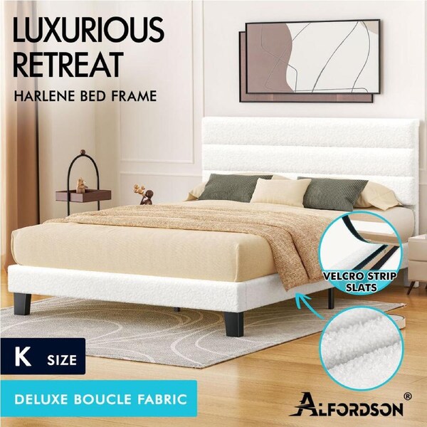 ALFORDSON Bed Frame Queen Double King Single Upholstered Base Leather Fabric King - Leather Black