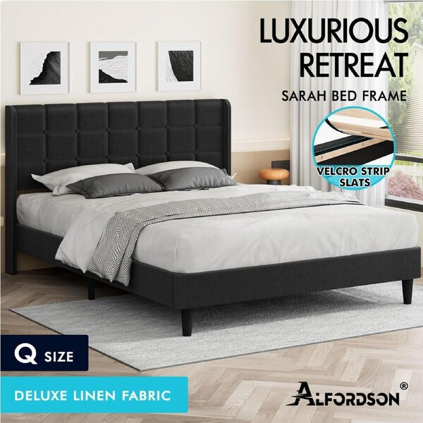 ALFORDSON Bed Frame Queen Double King Single Size High Headboard Leather Fabric Queen - Fabric Charcoal
