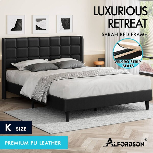 ALFORDSON Bed Frame Queen Double King Single Size High Headboard Leather Fabric King - Leather Black