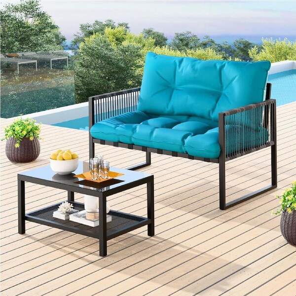 ALFORDSON 2PCS Outdoor Lounge Sofa Set Wicker Furniture Table and Chairs Garden Blue