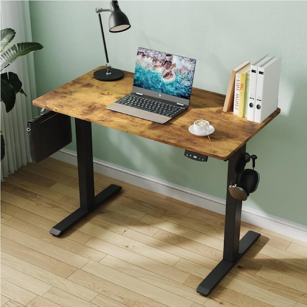 Advwin Standing Desk Electric Height Adjustable Ergonomic Sit Stand Desks Whole Piece Desktop 100cm Black Frame+Rustic Brown Desktop