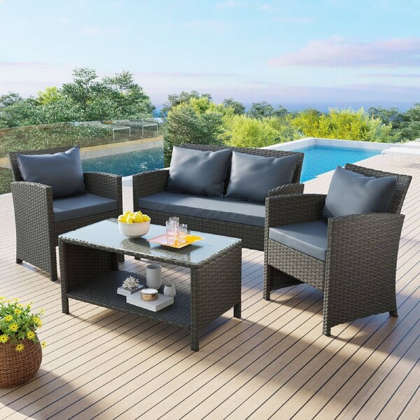 ALFORDSON Outdoor Furniture 4PCS Garden Patio Dining Chairs Table Set Wicker 4PCS set with pillows - Dark Grey