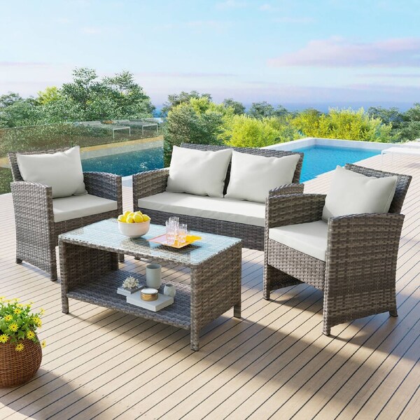 ALFORDSON Outdoor Furniture 4PCS Garden Patio Dining Chairs Table Set Wicker 4PCS set with pillows - Grey