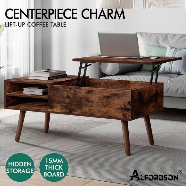 ALFORDSON Coffee Table Gas Lift Top Laptop Desk Storage Wooden Leg Dark oak