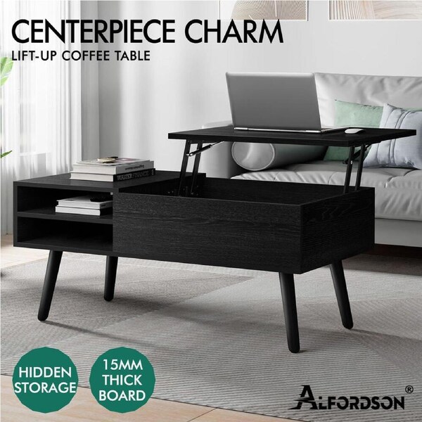ALFORDSON Coffee Table Gas Lift Top Laptop Desk Storage Wooden Leg Black