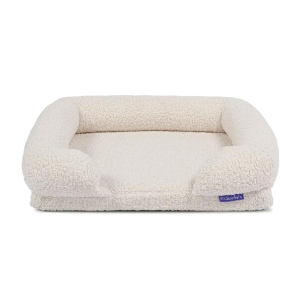 Charlie's Teddy Fleece Orthopedic Memory Foam Sofa Dog Bed with Bolster Cream (Small, Medium, Large) Medium