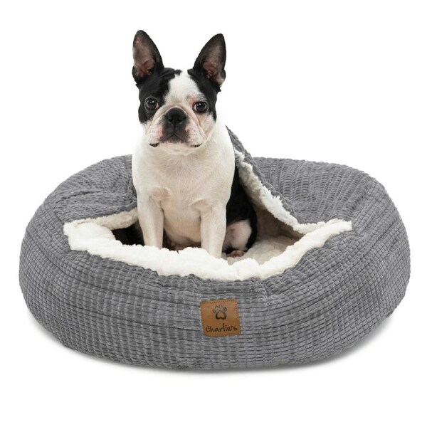 Charlie's Snookie Hooded Calming Dog Bed Grey (Small, Medium, Large, XL) Small