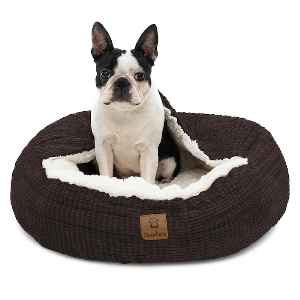 Charlie's Snookie Hooded Calming Dog Bed Espresso/Latte (Small, Medium, Large) Large