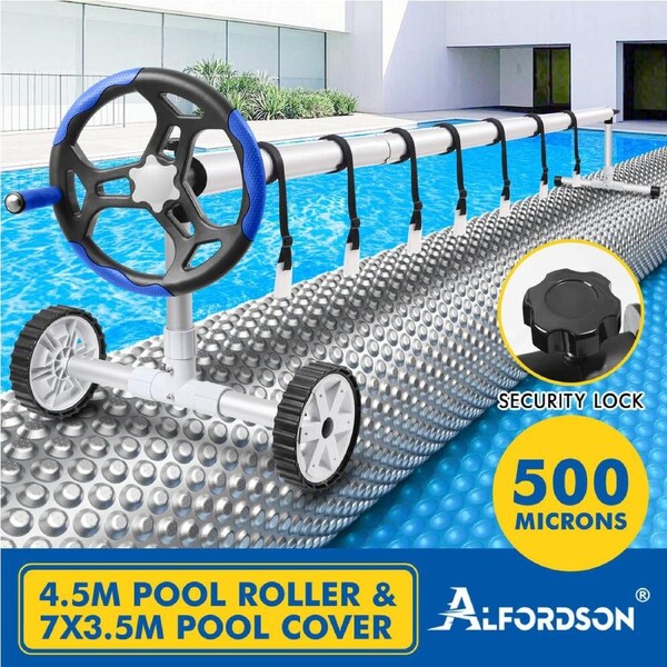 ALFORDSON Pool Cover 500 Micron Solar Blanket Swimming 4.5M Blue Roller Set 4.5M Roller + 7x3.5M Cover