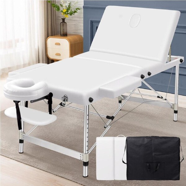 ALFORDSON Massage Table 3 Fold 65/75/85cm Foldable Portable Bed Aluminium Desk 3 Fold 75cm Wide - White